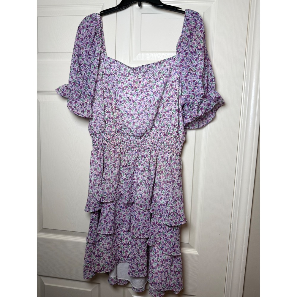 Leyden Women Purple Floral Smocked Tiered Ruffle‎ Mini Dress XL Square Neck Puff